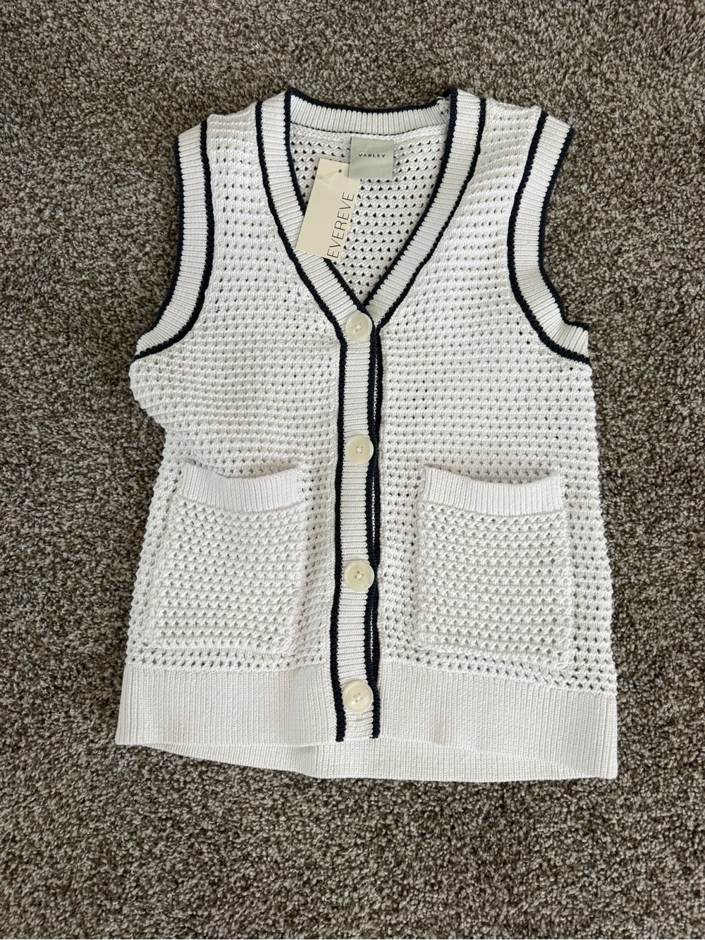 Varley Leilani Sleeveless Knit Button-Front Vest with Navy Trim